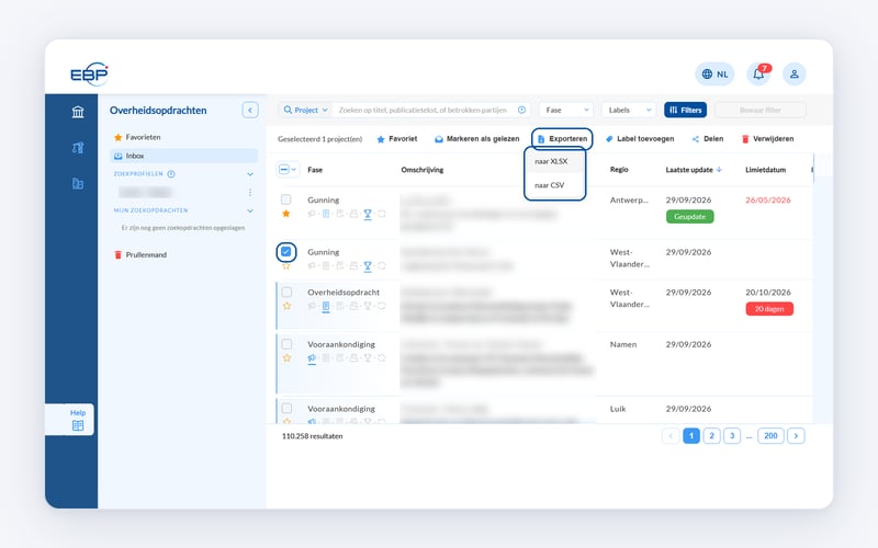 De knop Exporteren met de keuze naar XLSX of naar CSV