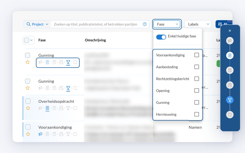 De fases van een overheidsopdracht in de lijst, in het filter Fase en in de tijdlijn van de projectfiche