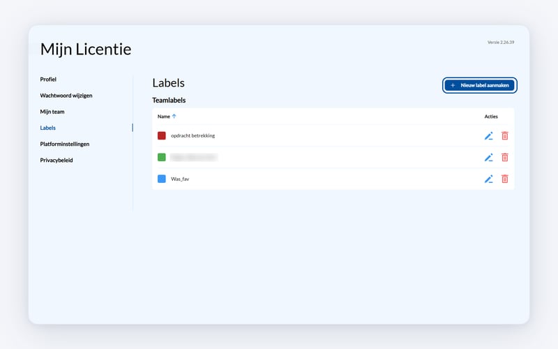 De pagina Labels met de knop Nieuw label aanmaken