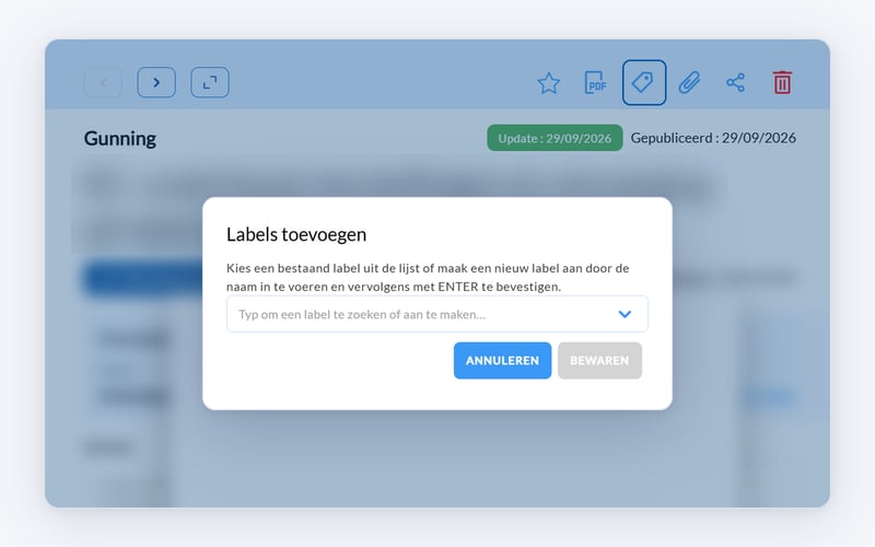 Het venster Labels toevoegen, geopend via het label-icoon in de projectfiche
