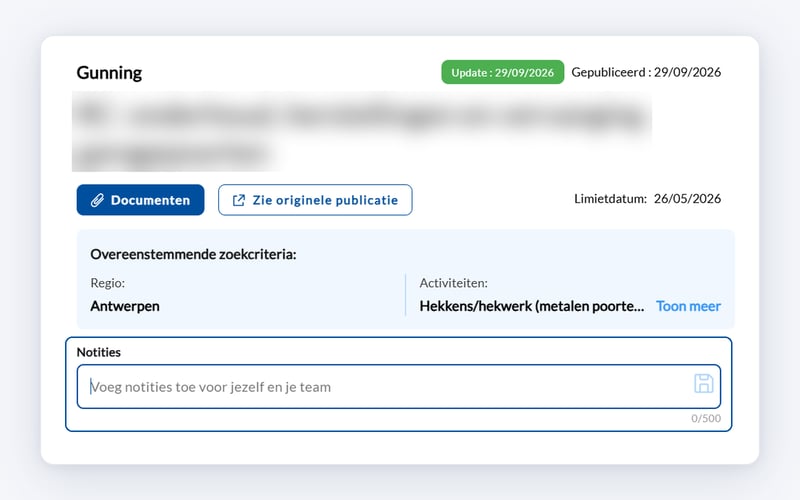 Het vak Notities in een projectfiche