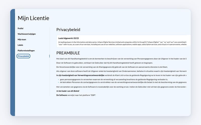 De pagina Privacybeleid in Mijn Licentie
